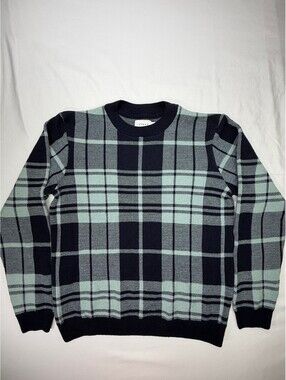 TopMan Men's Sweater Plaid Check Pullover Crew Neck Classic Size Large Blue